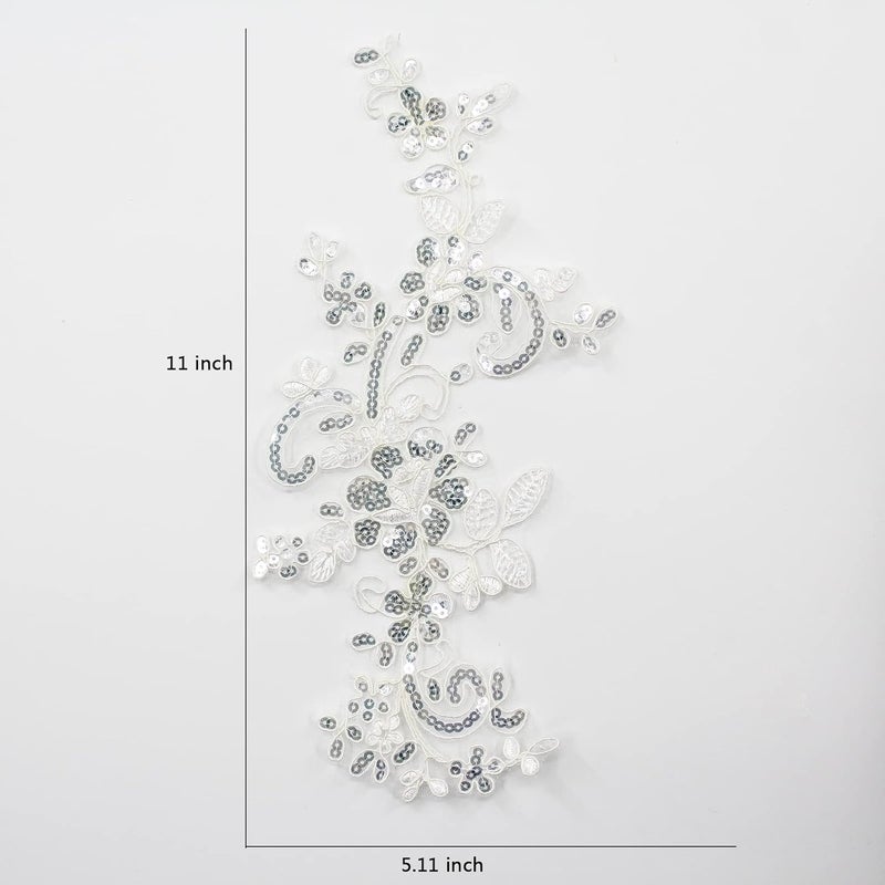 SEMCICOR Pair of Embroidery Sequin Lace Applique Fine Lace Fabric Patches Embroidered Trim Applique Motif Wedding Gown Dress Bridal DIY Crafts - Image 3